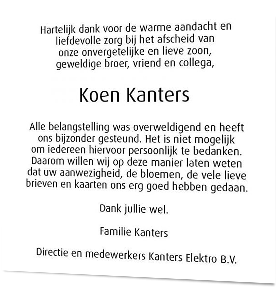 Onwijs Ter herinnering aan Koen Kanters | Memori.nl BD-44